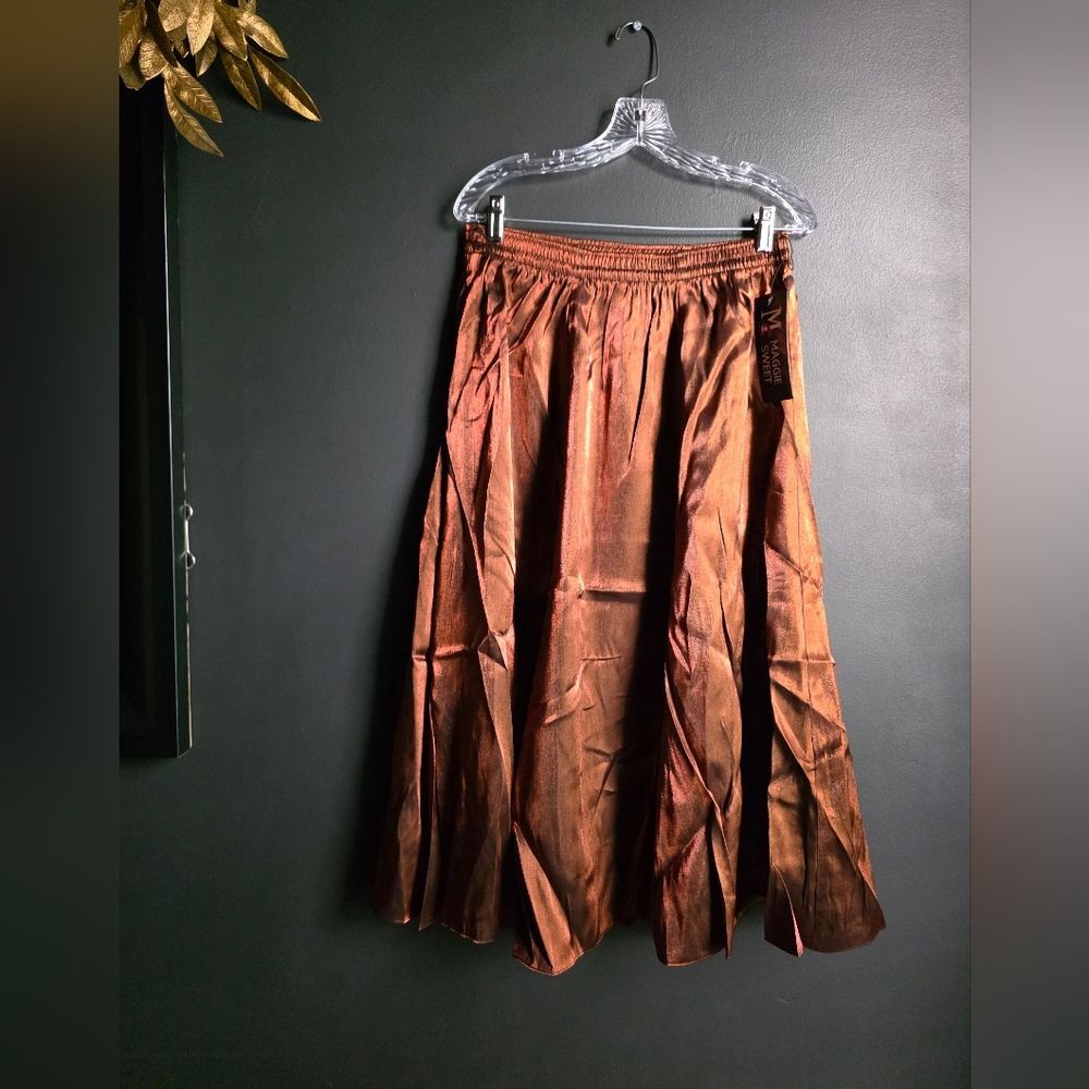 Vtg Sateen Metallic Sheen Bronze Cooper Skirt Holiday Maggie Sweet Full Midi L